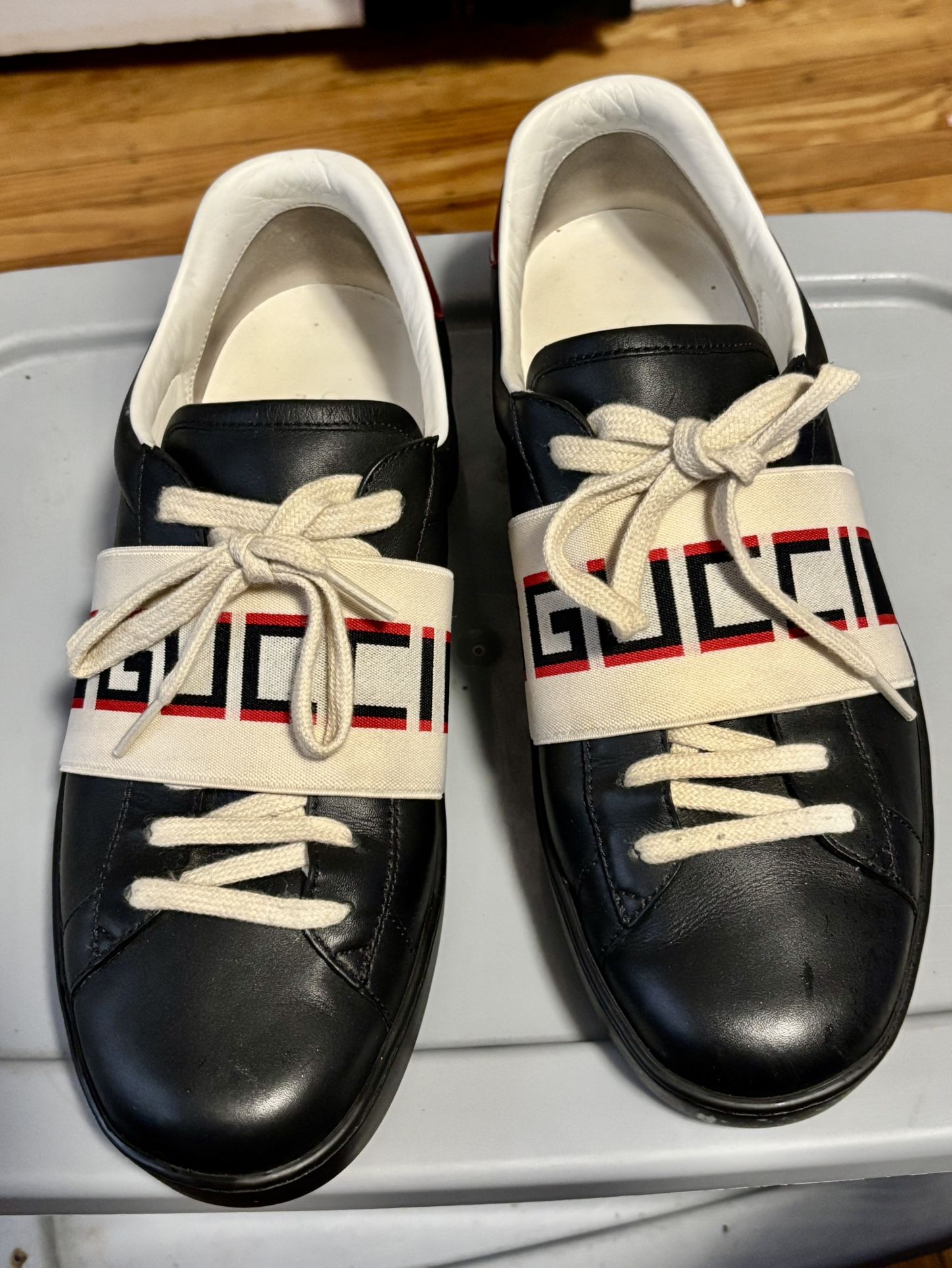 Gucci Stripe Ace Black Stripe Leather Sneaker Sz 8.5