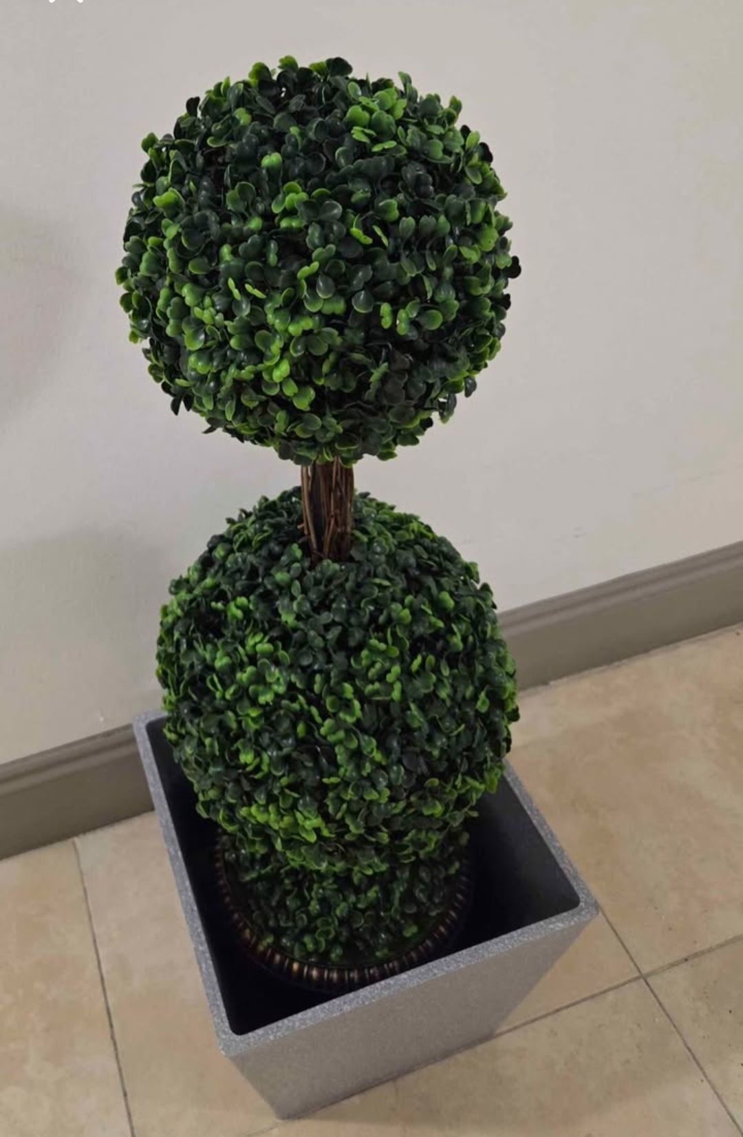 3ft Faux Boxwood Topiary in a 12in Square Gray Resin Planter @ Lasting Creations