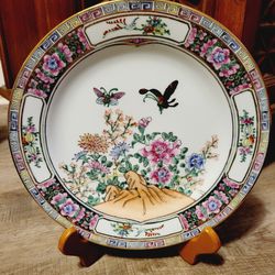 Vintage Signed Chinese Porcelain Plate Flowers Butterflies