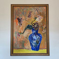 Original Framed Floral Still Life Painting in Blue Vase