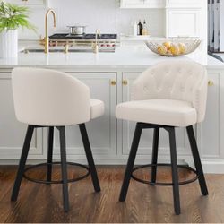 26''H Fabric Swivel Counter Stool with Nailhead Trim, Beige (Set of 2)