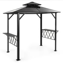 8' x 5' Hardtop BBQ Gazebo Canopy with Double Tier Peaked Roof and Shelves, Outdoor Grill Gazebo for Garden & Patio