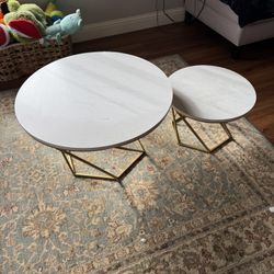 Walker Edison Modern Round Nesting Coffee Table Living Room Accent Ottoman Storage Shelf, Set Of 2, Marble and Gold