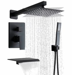Matte Black Wall Mounted Shower Set 12x12 Square Rain Head, Handheld, Spout