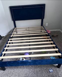 Navy Blue Upholstered Bed Frame with Headboard - Make Offer