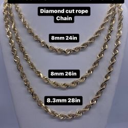 14K solid 8mm 24in-28in Diamond Cut Rope Chain. Brand New In Stock