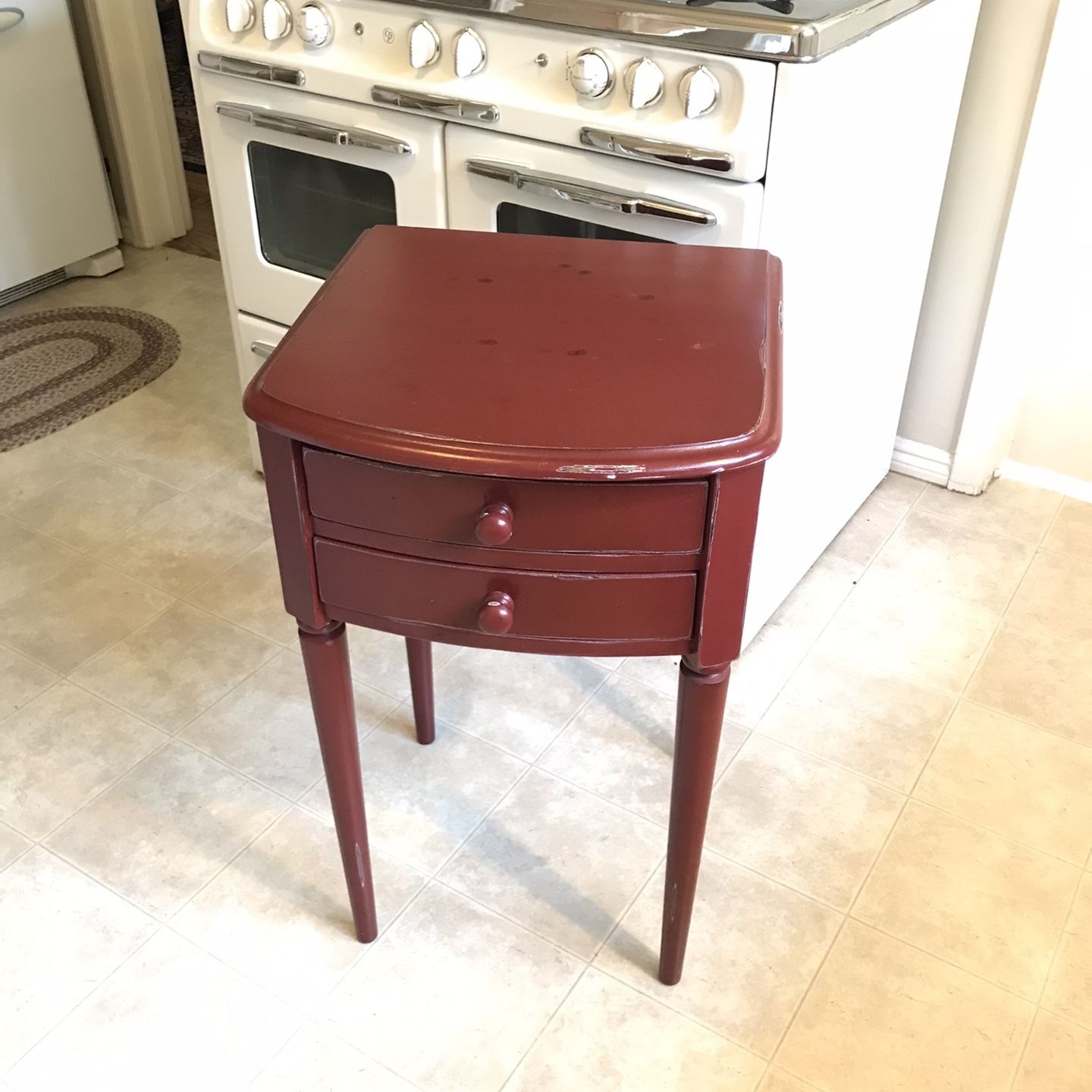 Pottery Barn Two Drawer Night Stand Plant Stand Kitchen Stand Table Red Maroon Factory Distressed 18” X 18” X 29.5”tall