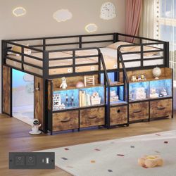 Full Size Low Loft Bed with Storage,15" Safety Guardrail,Drawers and LED Lights,Low Loft Bed with Charging Station, Bookshelf Under-Bed Play Space,Br