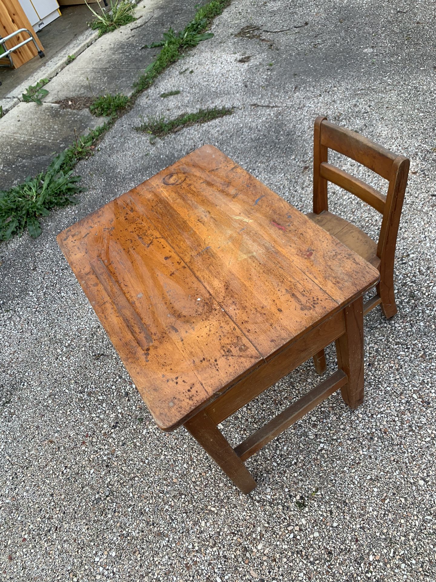 Antique Wooden School Desk and Chair