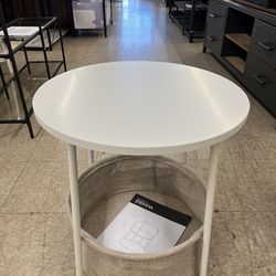 VASAGLE Small Round Side End Table Modern Nightstand w/ Fabric Basket - Matte White / Camel Brown