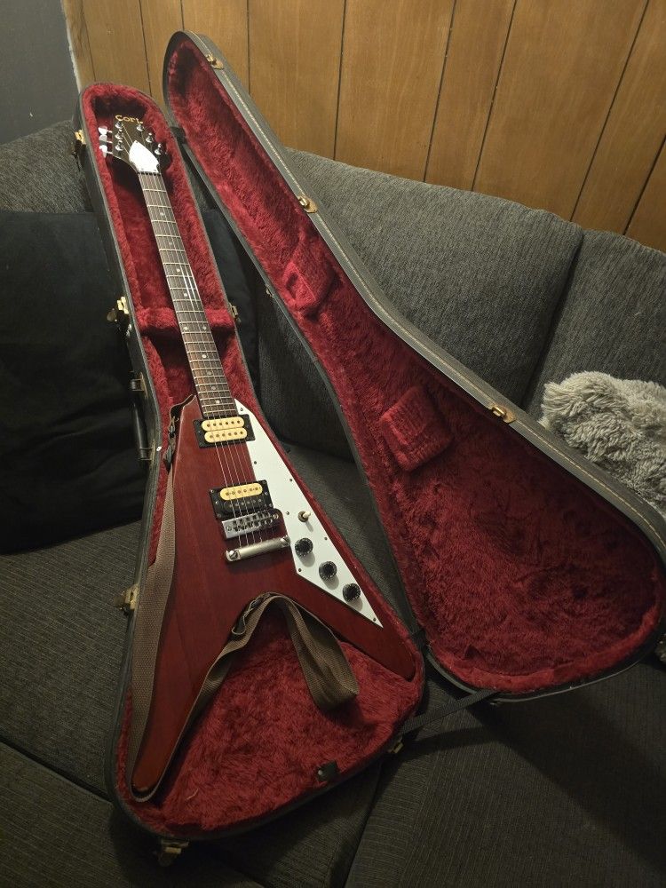 Vintage Cort Flying V Red Guitar With Gibson Case