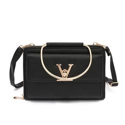This black handbag is identified as the "Vivian Bag" by Shop Inez, featuring a "V" metal clasp and a gold top handle