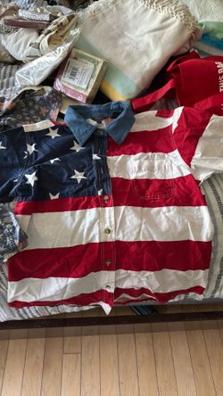 Roper brand, short sleeve patriotic red, white and blue stripes and stars shirt marked size small