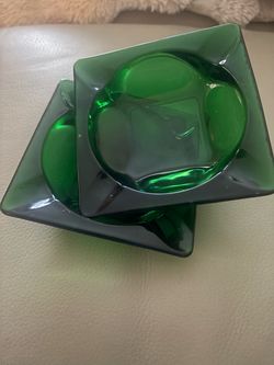 Ash Trays- Green Glass Square Ashtray Set of 2