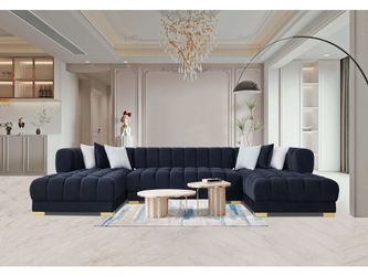 Lipa Black Velvet Double Chaise "U" Shape Sectional Sofa