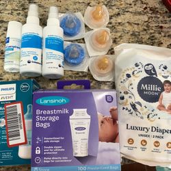 Breast milk bags, bottle, nipples and shampoo