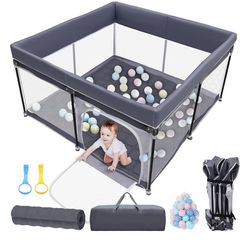 Foldable Baby Playpen with Mat, 50''x50'' Playpen for Babies and Toddlers, Play Pen for Baby with Gate, Breathable, Collapsible Play Yard with Bag (Da