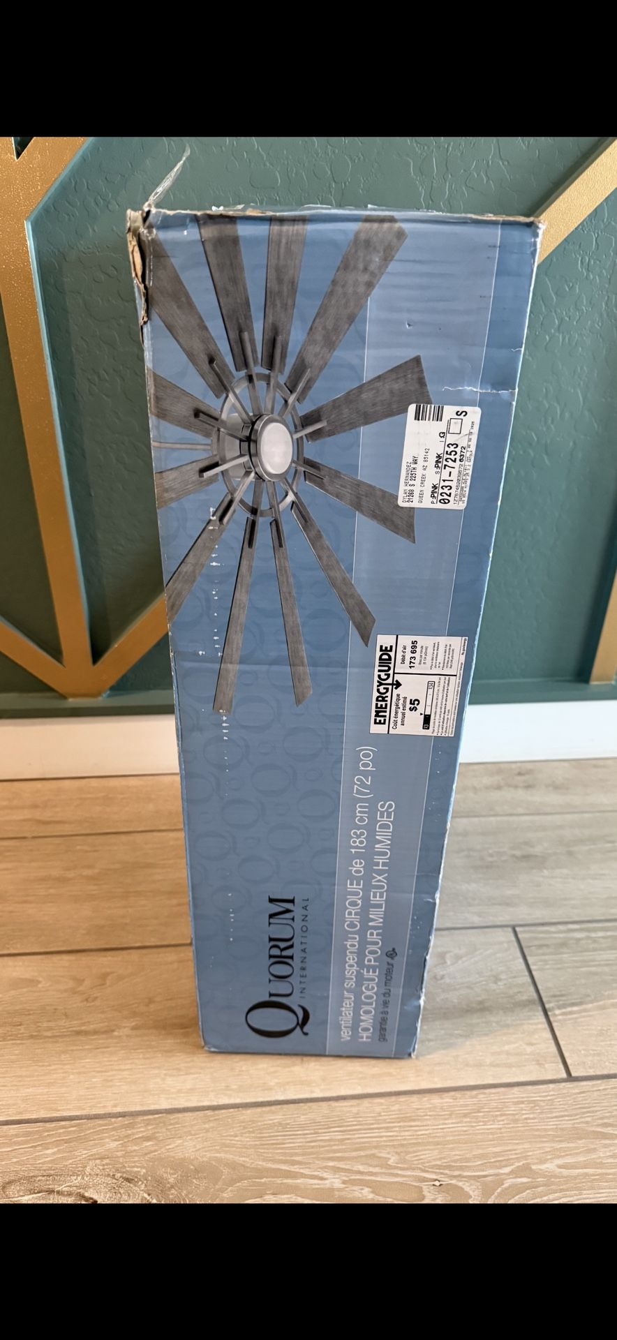 Cirque 72” 12 Blade Ceiling Fan by Quorum – Satin Nickel – Brand New