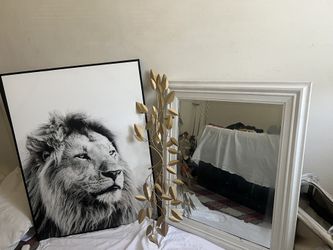 Large Lion Canvas, Large Mirror And Gold Leaf Wall Decor