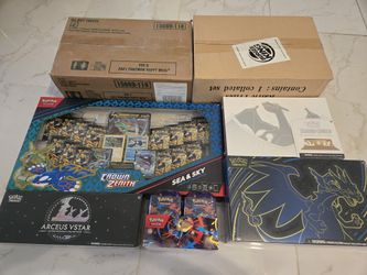 Pokemon Sealed collection Crown Zenith, Charizard UPC, Mega Tins and Burger King Toys