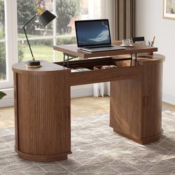 59 Inches Office Desk with Lift Top, Fluted Executive Desk Walnut
