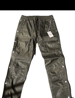 Men’s Olive Cargo Pants 34 Regular Nylon Satin Straight Leg Elastic Waist