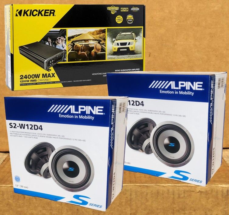 Kicker Power Amplifier Mono Subwoofer System Alpine S Series 12" Dual Voice Coil Subwoofers 3600 Watts Package 🚨 Payment Options Available 🚨