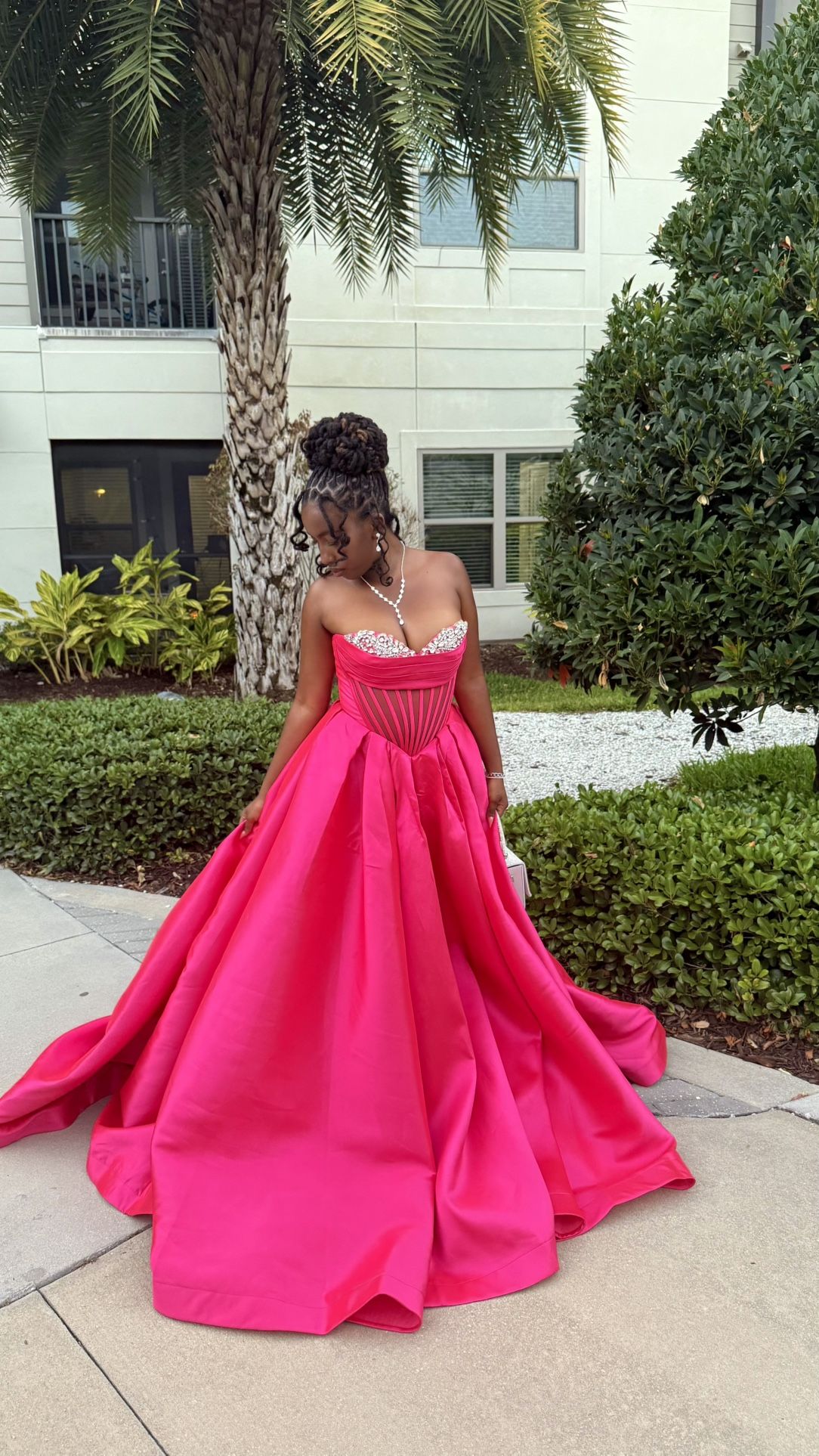 Hot pink corset Prom dress with princess train with Tags