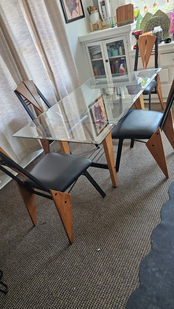 Heavy Glass Wood And Metal Table 