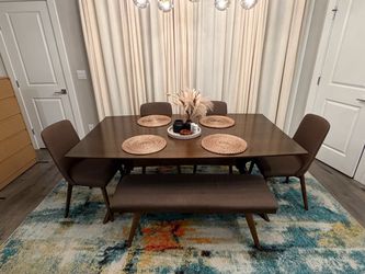 Mid-Century Dining Table Set with Chairs and Bench
