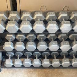 STEEL HEX 45 LBS. TO 120LBS. DUMBBELLS = $1.30 POUND. * * * FOR EXAMPLE A PAIR OF 65s ARE $165