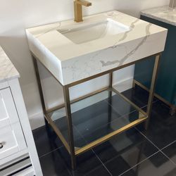 30” Bathroom Vanity Cabinet New Brushed Gold Frame With Quartz Top Sink Integrated Tempered Glass Top Shelf Ready For Pick Up Today