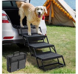 Veehoo Foldable Dog Steps for Car Truck, 4 Steps Collapsible Dog Stairs for Car Large Dogs 17" Wide, Heavy Duty Outdoor Pet Ramp Ladder Portable with 