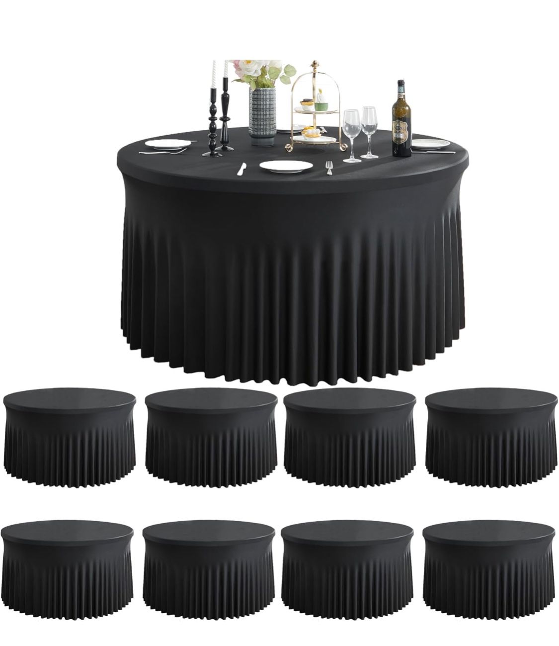 8 Pack Black Round Spandex Tablecloths for 60inch Table, Wrinkle Free 120inch Stretchy Fitted 5FT Round Table Cloths Cover with Skirt for Wedding Birt