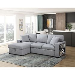 Sectional with Left Chaise, Pull-out Bed, Hidden Storages and Shelves, Charging Ports