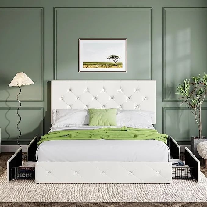 Queen Upholstered Bed Frame – White Tufted Headboard + 4 Storage Drawers