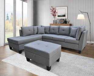 Brand new 105" x 80" grey or brown linen sectional + storage ottoman (left or right chaise)