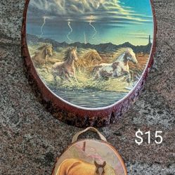 2 Vintage Wood Slab- Slice Large Picture Plaque ( Thundering Hooves & Horses Twilight ( Never Used