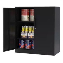 NEW IN BOX Mlezan Small Metal Cabinet with 2 Doors 31.5 in. W x 35.4 in. H x 15.7 in. D with 2-Adjustable Shelves Garage Cabinet in Black