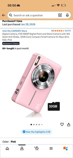 New Digital Camera, FHD 1080P Digital Point and Shoot Camera with 16X Zoom Anti Shake, 32GB Card, Compact Small Camera for Boys Girls Kids, Pink