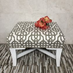 Beautiful Reupholstered Ottoman ... New Fabric Freshly Painted And Distressed ... 21x18x15