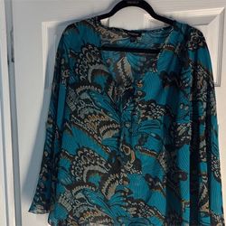 Bebe Teal and Black Patterned Blouse
