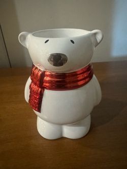 White ceramic bear with red scarf. Cinnamon stick, Christmas candy holder. It can be used candle holder too A cute holiday decoration for your home