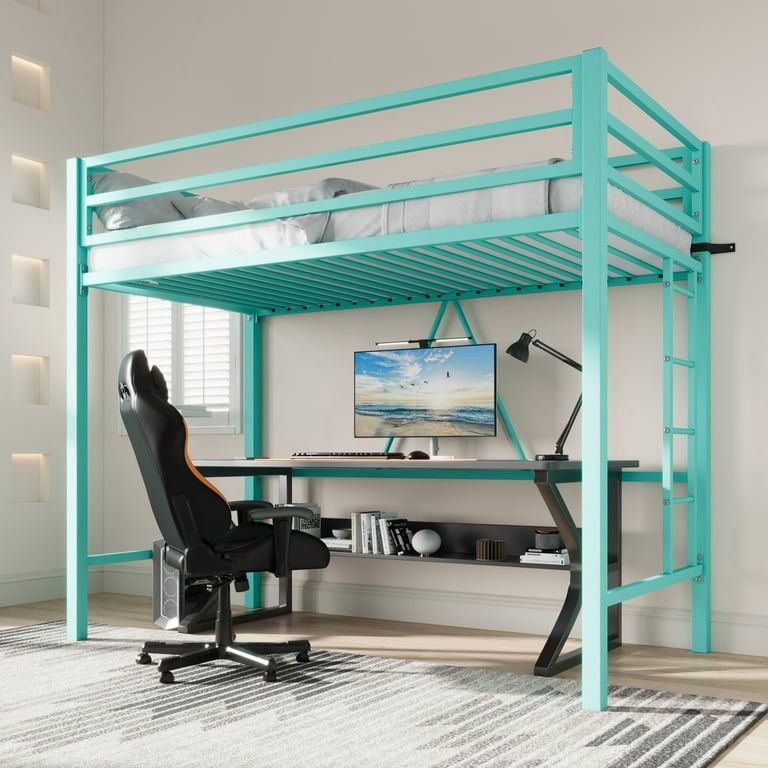 Twin Size Metal Loft Bed Twin Size with Safety Guard & Removable Ladder, Green