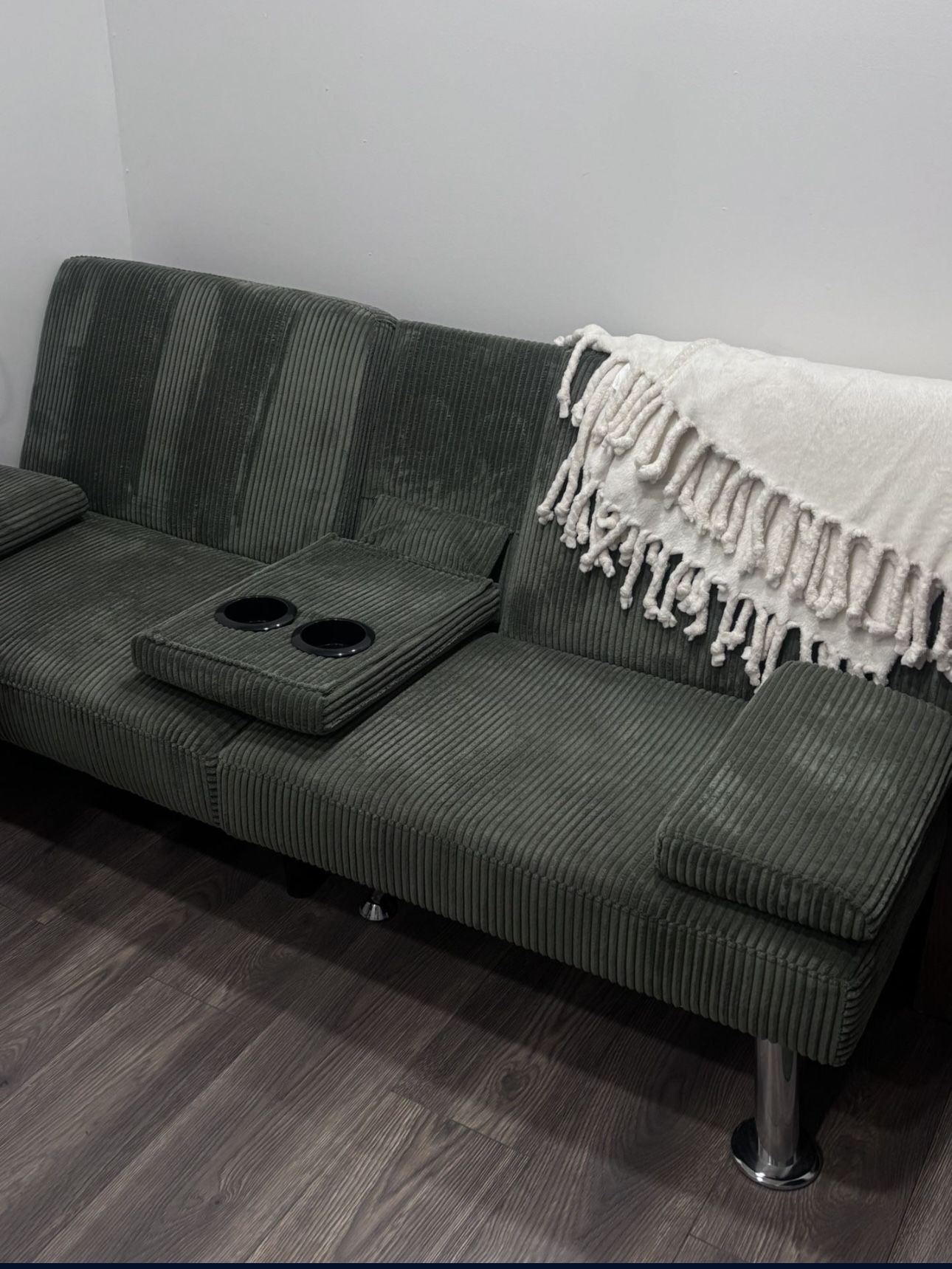 Shahoo Modern Upholstered Convertible Folding Futon Sofa Bed with Removable Armrests, Metal Legs, 2 Cup Holders for Living Room, Green
