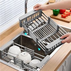 1pc Kitchen Drain Rack, Stainless Steel Retractable Sink Rack Shelf, Household Tableware Bowl Dish Chopsticks Storage Rack