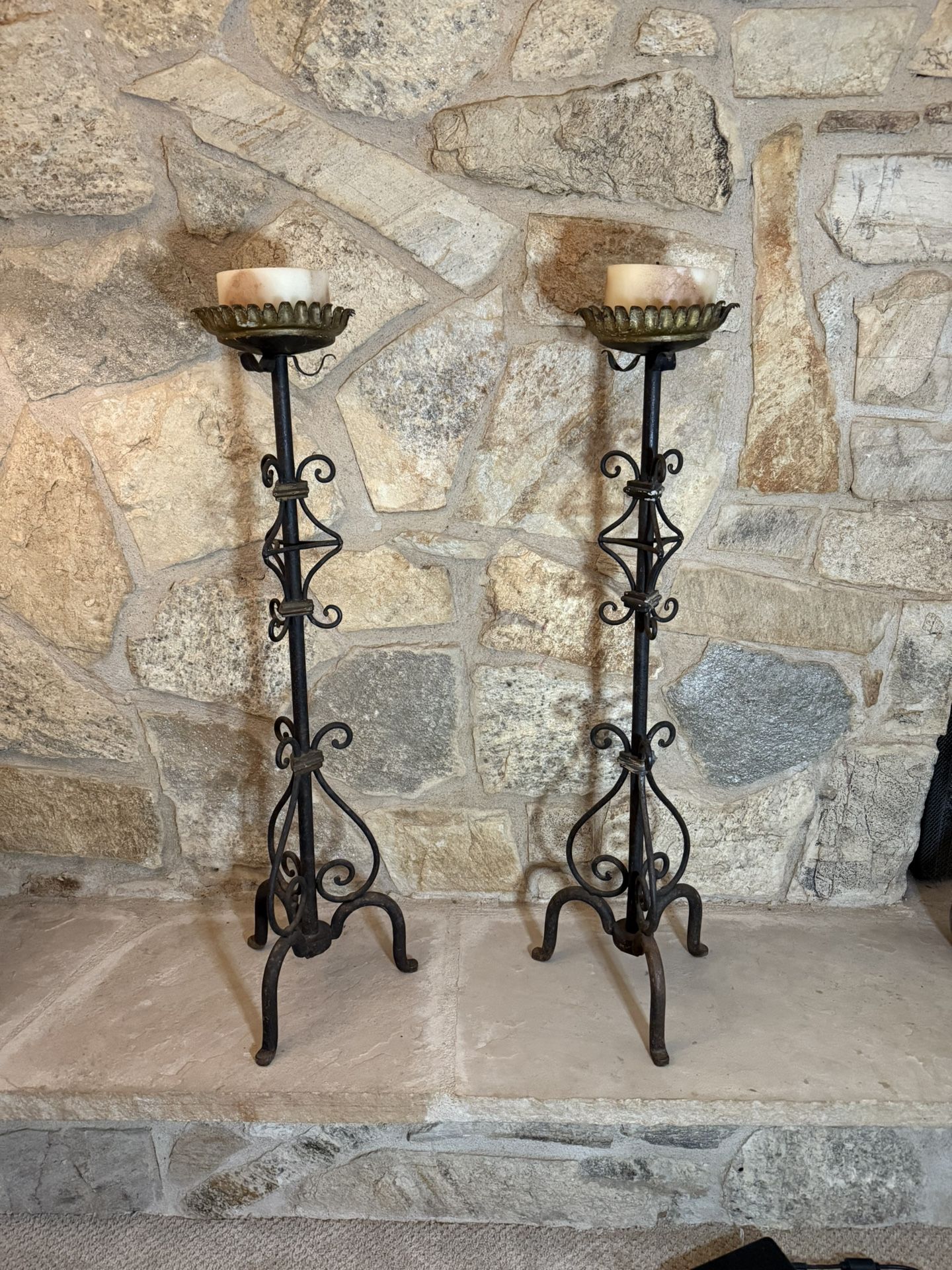 Antique Vintage Blacksmith Wrought Iron Floor Candle Holder-Pair of 2 - 40” tall