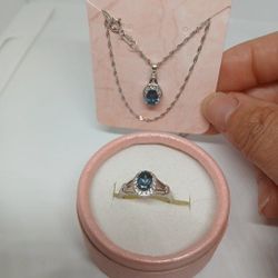 Set S925 Ring Pendant Chain Blue Topaz  Ringbsize 6.5US Stome 7xm