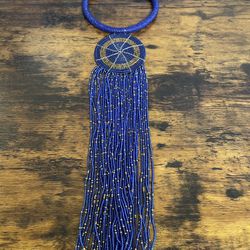 Handmade East African Blue and Gold Beaded Necklace Choker with Large Flowing Pendant Kenya