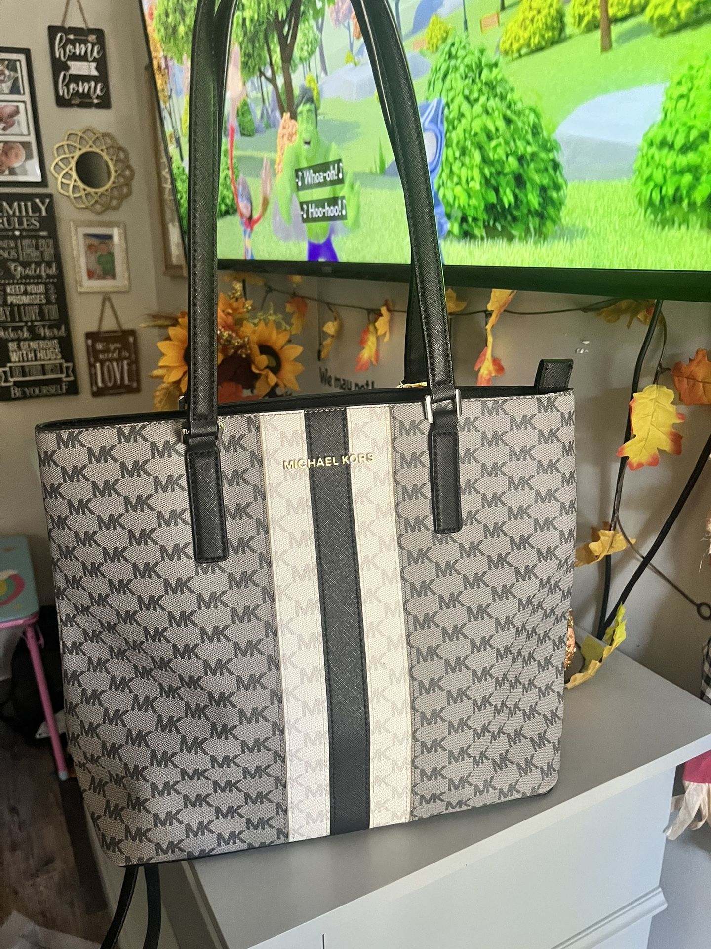 Michael kors black and white striped tote bag